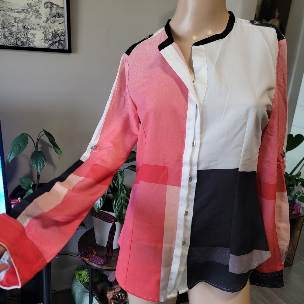 Calvin Klein Pink and Black Colorblock Button-Down Shirt